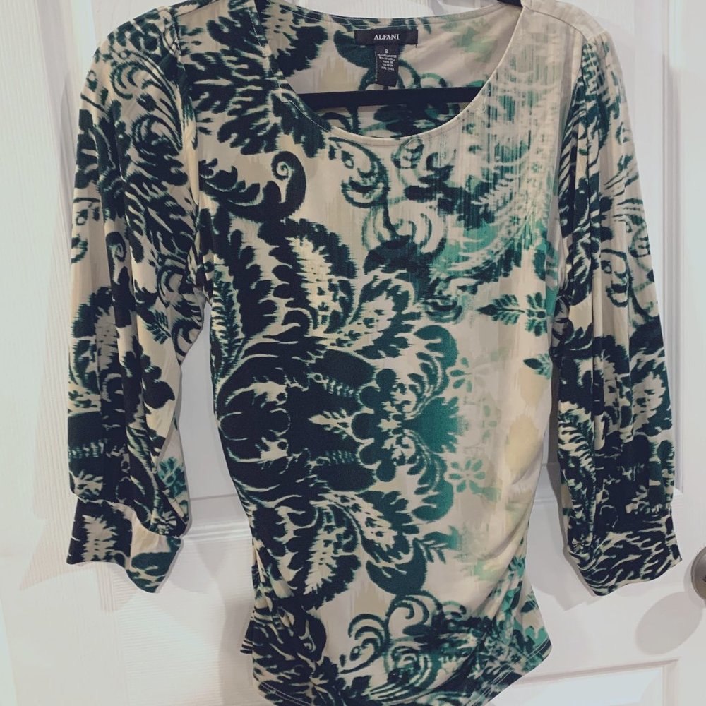 Alfani Shades of green and off white ladies blouse, size small
